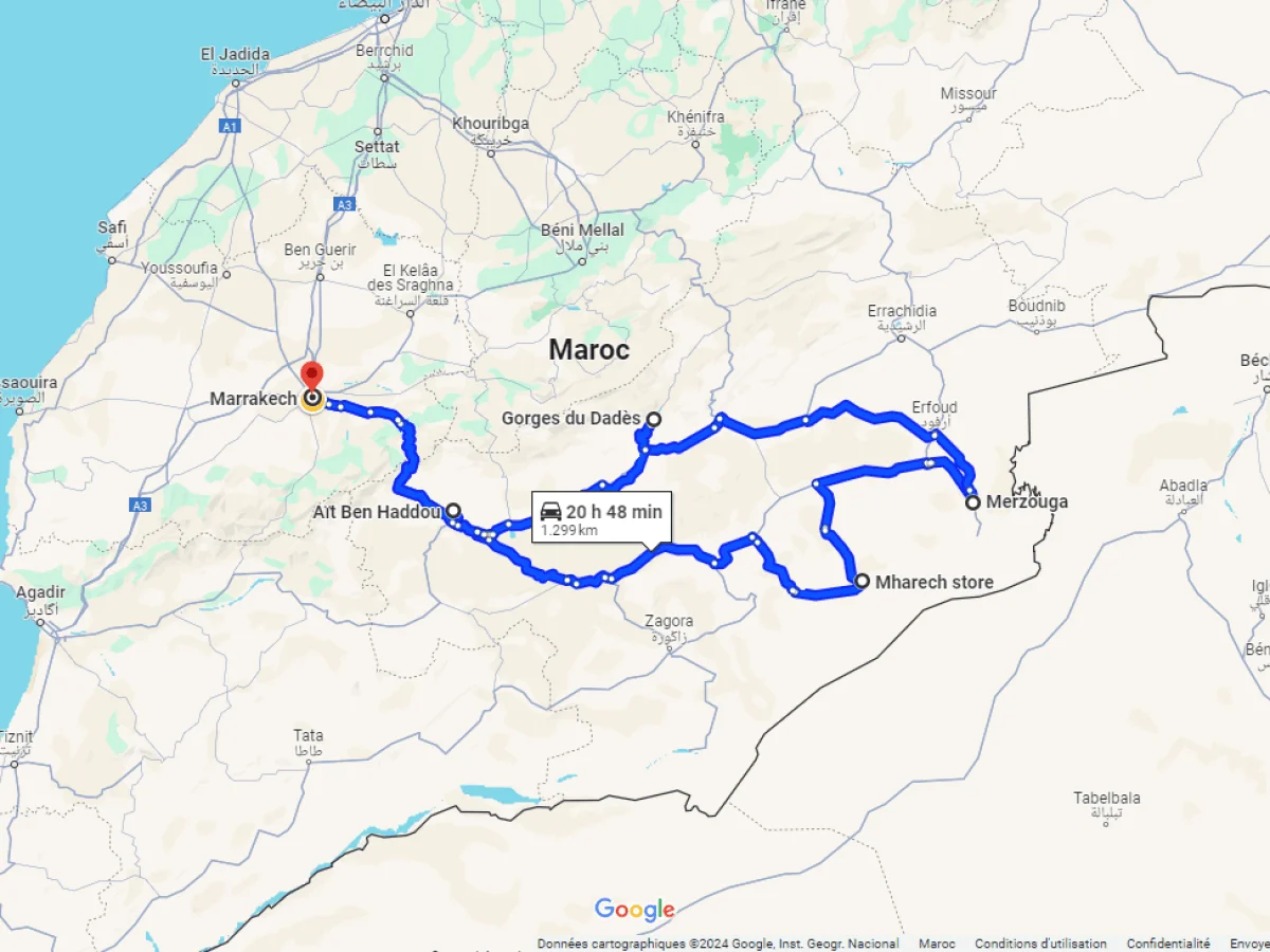 Route map of the 4-day Morocco tour from Marrakech to Merzouga