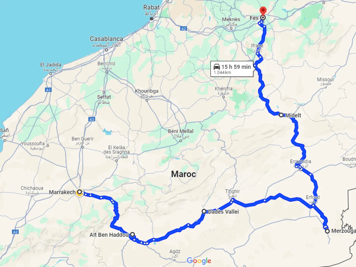 Route map of 5-day Morocco tour from Marrakech to Fe