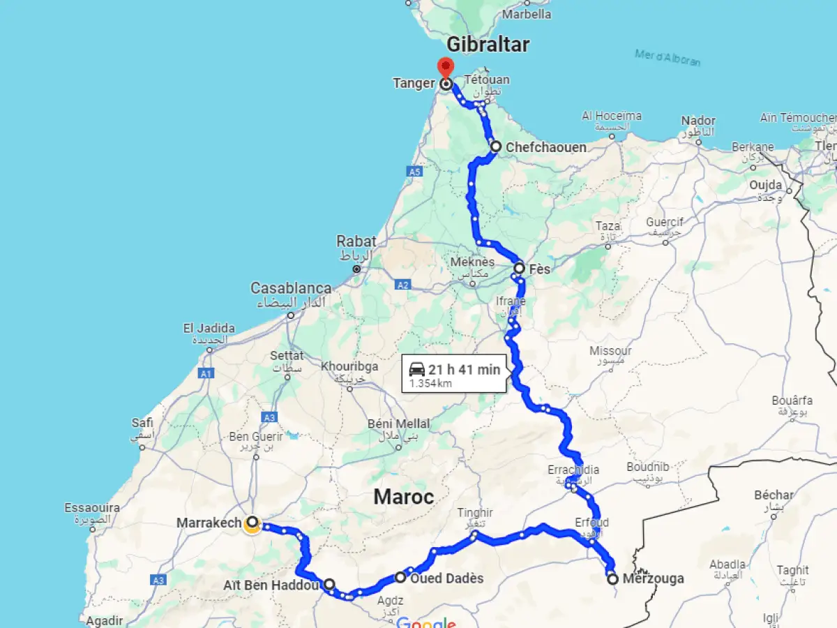 Map of 5-day tour from Marrakech to Tangier via Sahara Desert, Fes & Chefchaouen