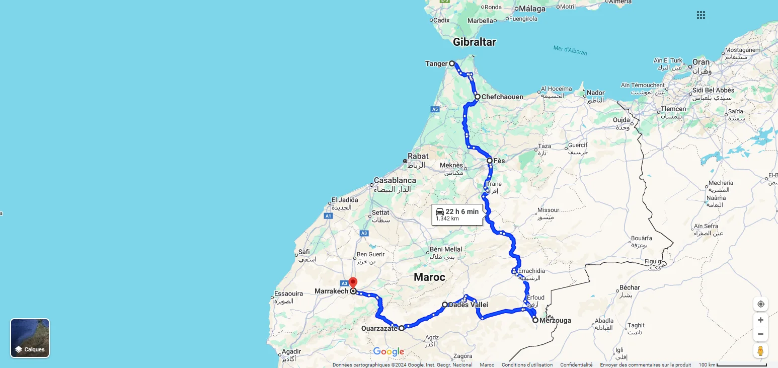 Map of 5-day tour from Tangier to Marrakech