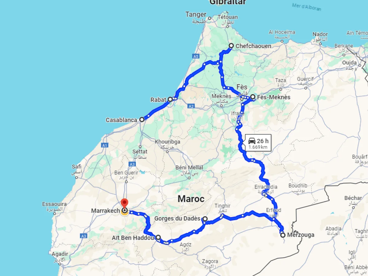 Route map of 10-day Morocco tour from Casablanca to Marrakech
