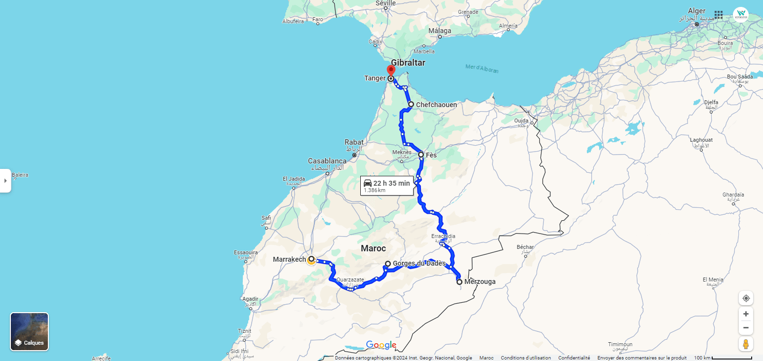 Map of 7-day morocco itinerary from tangier to marrakech