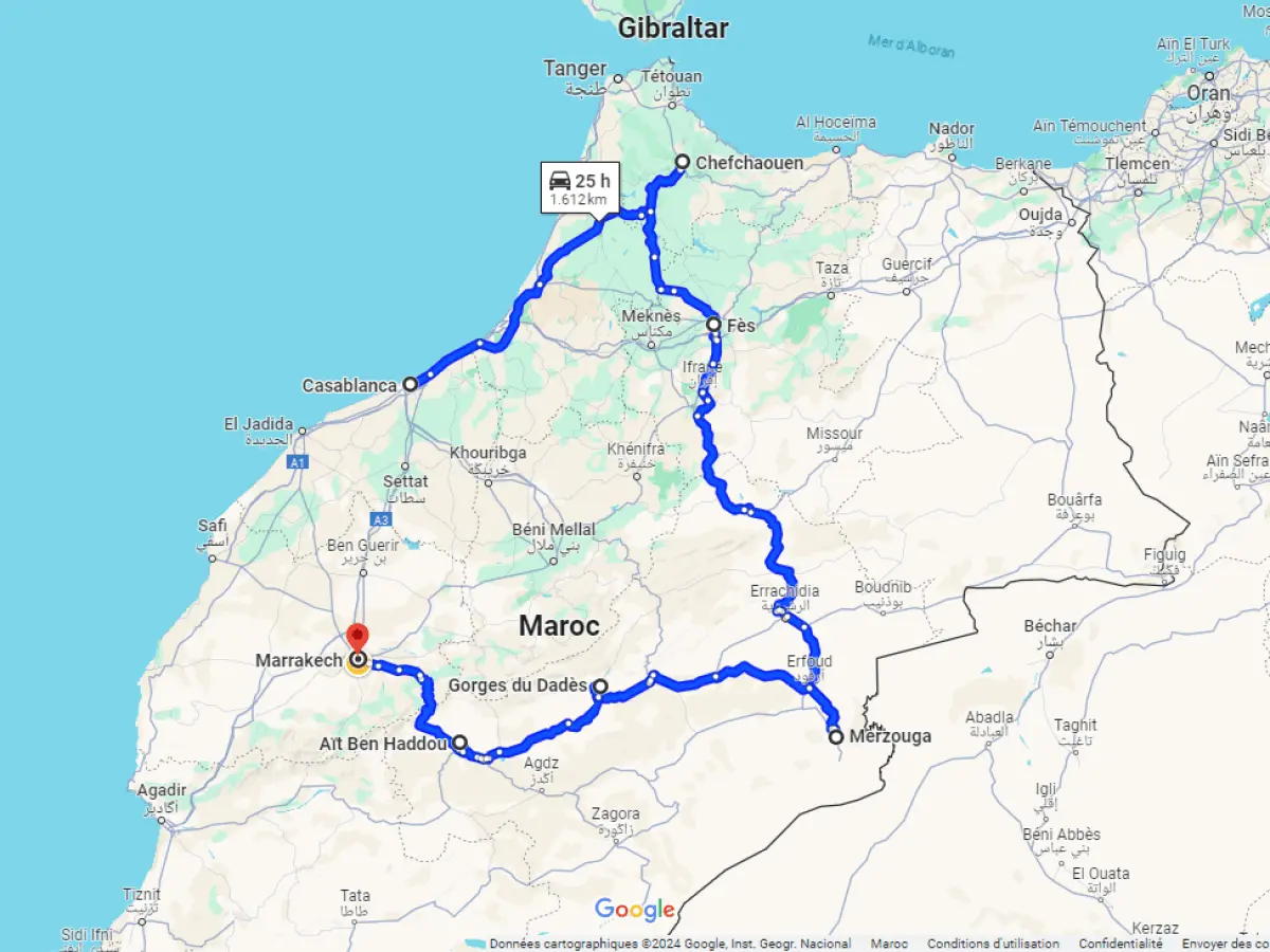 map showing Casablanca to Chefchaouen 5-day Morocco tour route