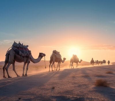 Camel caravan in the desert at sunrise AI generated image